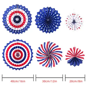 Patriotic USA flag paper fan decorations in 8, 12, and 16 inch sizes for parties.