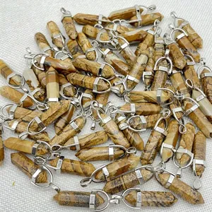 Bulk natural stone pendants in hexagonal prism and bullet shape with silver loops.