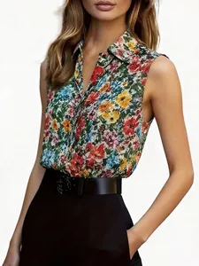 Detailed view of women's casual sleeveless summer shirt with vibrant floral print