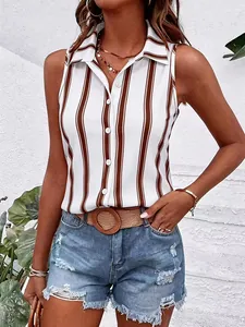 Close-up of white sleeveless button-down shirt with brown vertical stripes on model.