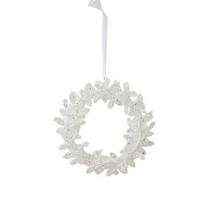Glittery white wreath Christmas hanging ornament for festive holiday tree decoration