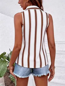 Detail view showing the back of a casual white sleeveless blouse with brown stripes