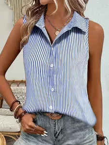 Detail shot of women's sleeveless blue striped button-down casual summer shirt.