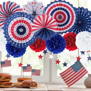 Complete patriotic July 4th party decoration set with US flag paper fans and pom-poms