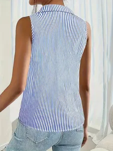Detailed back view of casual women's sleeveless blouse with blue and white stripes