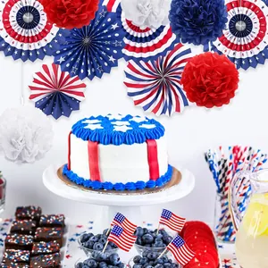 Patriotic American flag party decorations set used for Independence Day celebration.