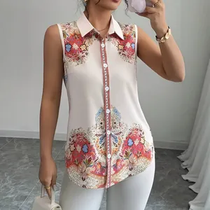 Elegant women's sleeveless button-down shirt with vibrant bohemian floral print for summer