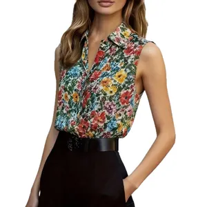 Women's casual sleeveless floral print button down shirt, breathable summer slim top.