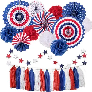 Patriotic USA party decoration set with red white blue paper fans and star banner