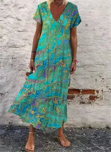 Casual summer V-neck short sleeve maxi dress with vibrant bohemian floral patterns
