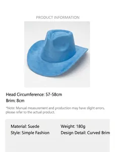 Comprehensive product specifications and size details for the blue suede western cowboy hat