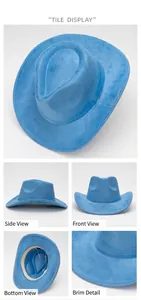 Detailed views of a blue suede Western cowboy hat from front, side, and bottom angles