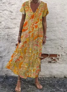 Detail view of summer V-neck short-sleeved maxi dress with orange paisley pattern