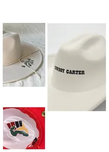 Customized wool felt cowboy hat featuring embroidery and heat transfer logo details.