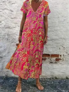 Summer V-neck short sleeve long dress with vibrant pink paisley print for travel