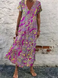 Summer V-neck short sleeve maxi dress with purple paisley print and A-line skirt design