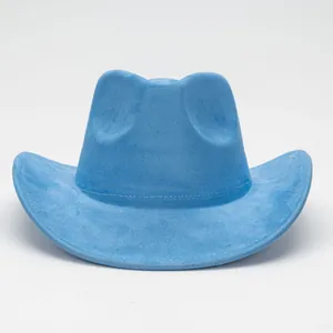 Vibrant blue suede western cowboy hat featuring a wide rolled brim and classic crown design
