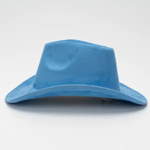 Retro light blue suede cowboy hat with curled brim and ethnic riding style design