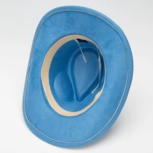 Blue suede western cowboy fedora hat with rolled brim and inner sweatband.