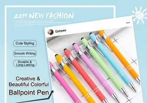 Detailed view of colorful 2-in-1 capacitive stylus ballpoint pens with metal barrels.