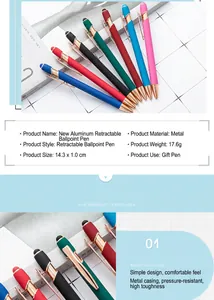 Detailed view of colorful aluminum retractable ballpoint pens with stylus and metal clips