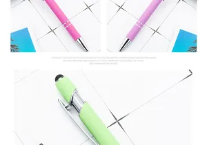 Detailed close-up of colorful metal stylus ballpoint pens with a premium matte finish