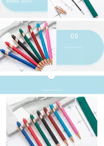 Detailed view of colorful retractable ballpoint pens with stylus tips and rose gold accents.