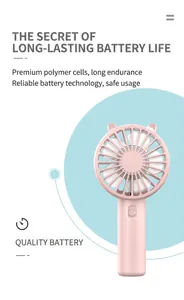 Detailaufnahme eines rosa Handventilators mit USB-Anschluss und langer Akkulaufzeit.