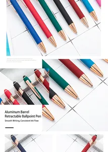Detail view of colorful aluminum ballpoint pens with rose gold accents and stylus tips