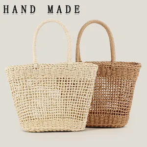 Women Hollow Woven Handbag Handmade Paper Straw Beach Vacation Tote Bag French Style Summer Casual Shoulder Bag No Lining