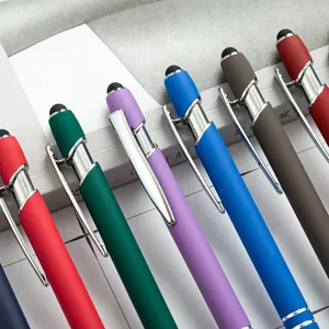 Multi-color metal ballpoint pens with capacitive stylus tips and rubberized matte barrels.