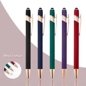 Aluminum Retractable Ballpoint Pen With Stylus Tip Matte Rubberized Barrel Rose Gold Metal Trim Office Business Writing Pen
