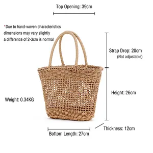 Handmade hollow woven straw tote bag with size measurements for beach vacation