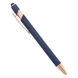 Rose gold and navy blue aluminum stylus ballpoint pen with a premium matte finish