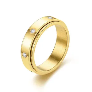 Stainless Steel Rotatable Spinner Ring With 6 Rhinestones For Men Women Minimalist Stress Relief Fashion Finger Jewelry Ring