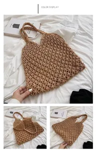 Macro view of khaki hand-woven cotton rope hollow mesh shoulder bag for vacation