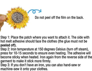 Close-up detail of sunflower embroidered iron-on patch with step-by-step usage instructions.