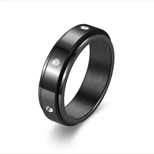 Fashionable black stainless steel spinner ring with six clear CZ stones for women and couples