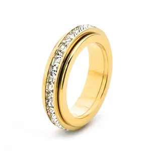 Minimalist Titanium Steel Rotatable Ring For Women Single Row Rhinestone Inlaid Spinning Stress Relief Ring Jewelry Gift