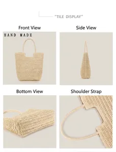Detail views of a hand-woven straw tote bag showing front, side, and bottom texture