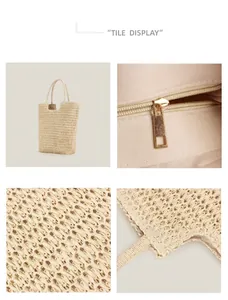 Detailed macro views of beige hand-woven paper rope tote bag with zipper closure