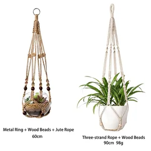 Comparison of two macrame plant hangers with wood beads in 60cm and 90cm lengths.