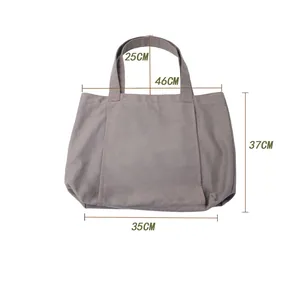 Detailed size illustration of a grey canvas tote bag showing dimensions in centimeters.