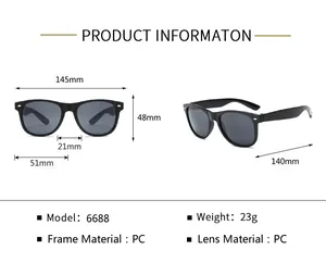 Product specification and detailed dimensions for classic retro PC material sunglasses.