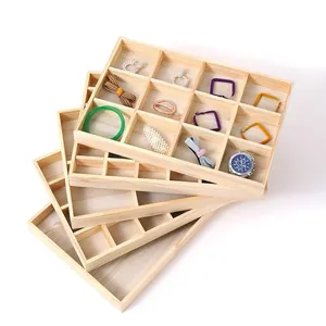 Solid wooden jewelry display storage tray with multi-compartments for rings and bracelets