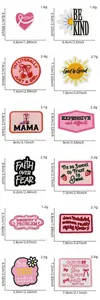 Macro detail view of pink embroidered patches with precise size and weight specifications