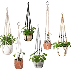 Bohemian Hand Woven Cotton Rope Plant Hanger Without Tassel Minimalist Indoor Hanging Planter Basket With Wood Beads Home Decor