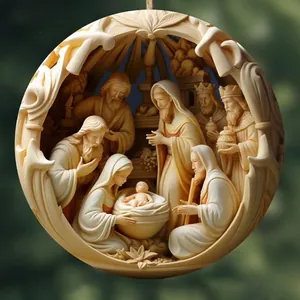 Detailed ivory-colored 3D Nativity scene hanging ornament for car or Christmas decor