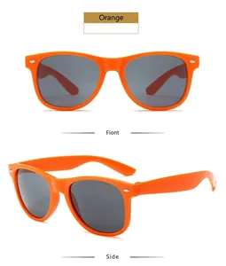 Retro classic orange sunglasses shown from front and side angles in bright colors