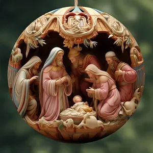 Detailed macro view of an intricate Nativity scene Christmas ornament with retro carving